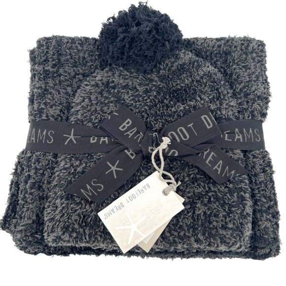 Barefoot Dreams CozyChic Pom Pom Beanie Scarf Set One Size Carbon Black NWT - Picture 1 of 9